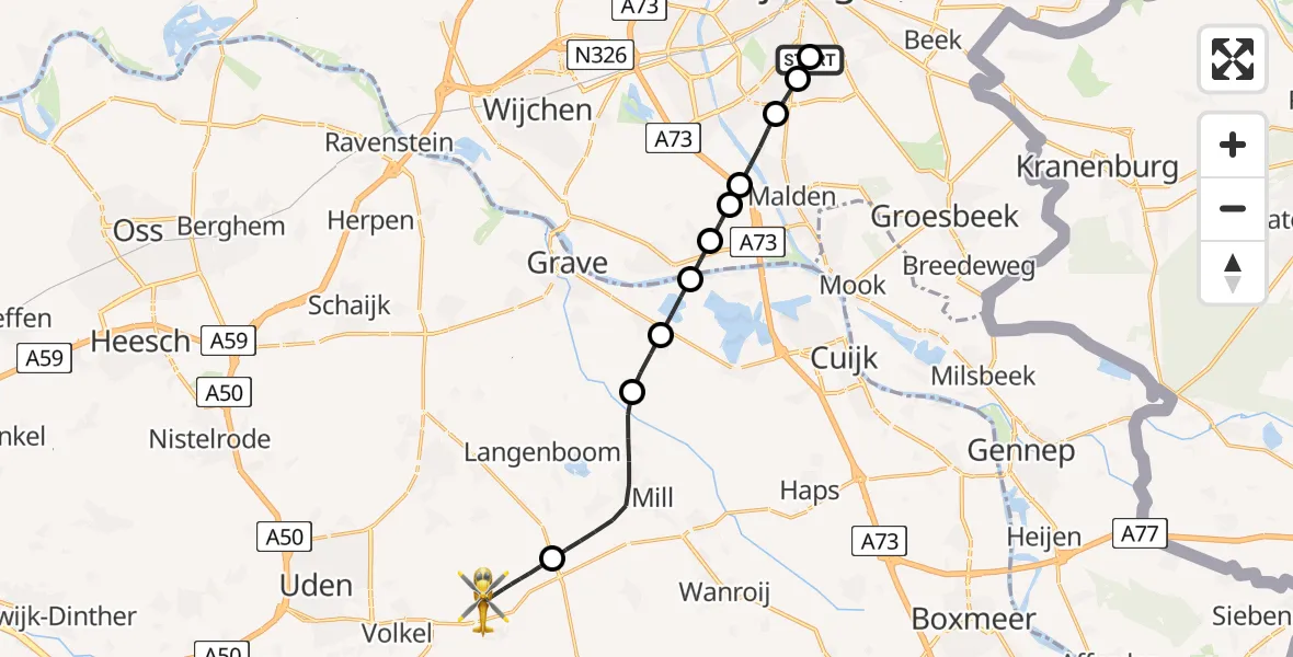 Vluchtroute Traumahelikopter van Radboud Universitair Medisch Centrum naar Vliegbasis Volkel