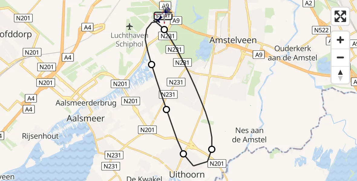 Vluchtroute Politiehelikopter van Amsterdam Vliegveld Schiphol naar Amsterdam Vliegveld Schiphol