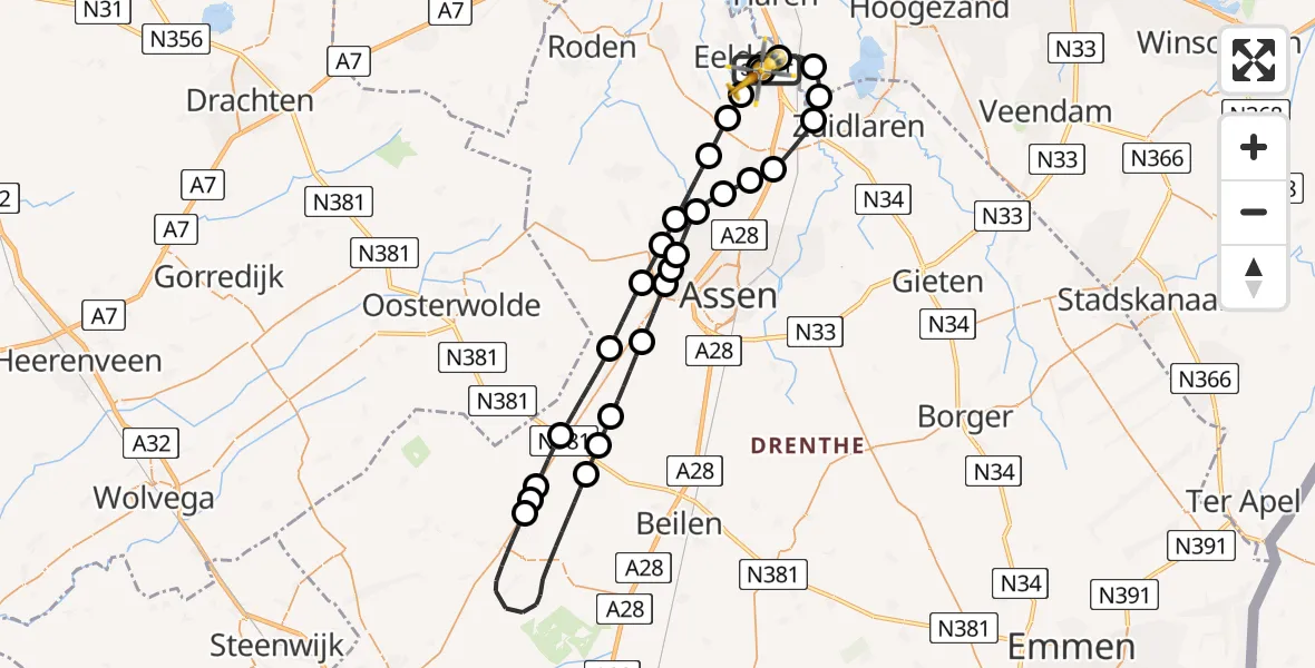 Vluchtroute Traumahelikopter van Eelde naar Groningen Airport Eelde