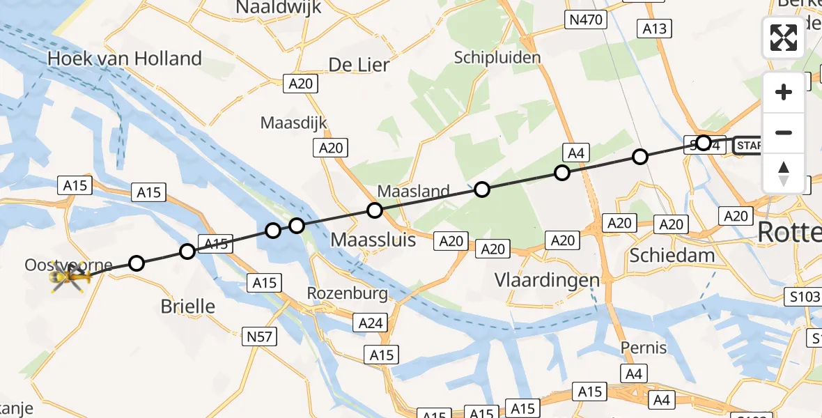 Vluchtroute Traumahelikopter Rotterdam The Hague Airport - Oostvoorne, 04 april 2026, 05:29
