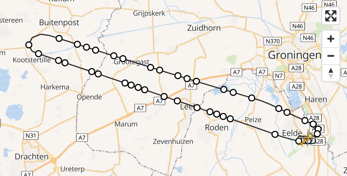 Vluchtroute Traumahelikopter van Groningen Airport Eelde naar Groningen Airport Eelde