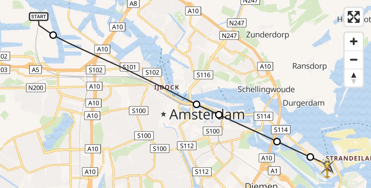 Vluchtroute Traumahelikopter van Amsterdam Heliport naar Amsterdam