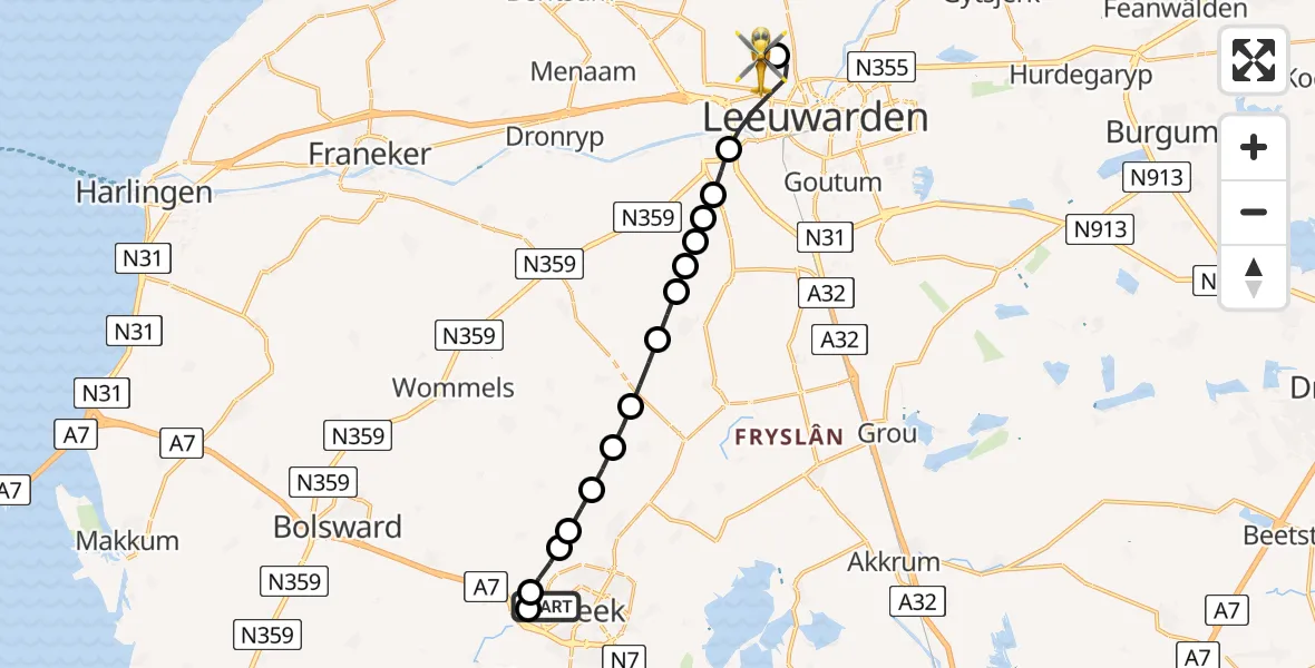 Vluchtroute Ambulancehelikopter van Antonius Hospital Heliport naar Vliegbasis Leeuwarden