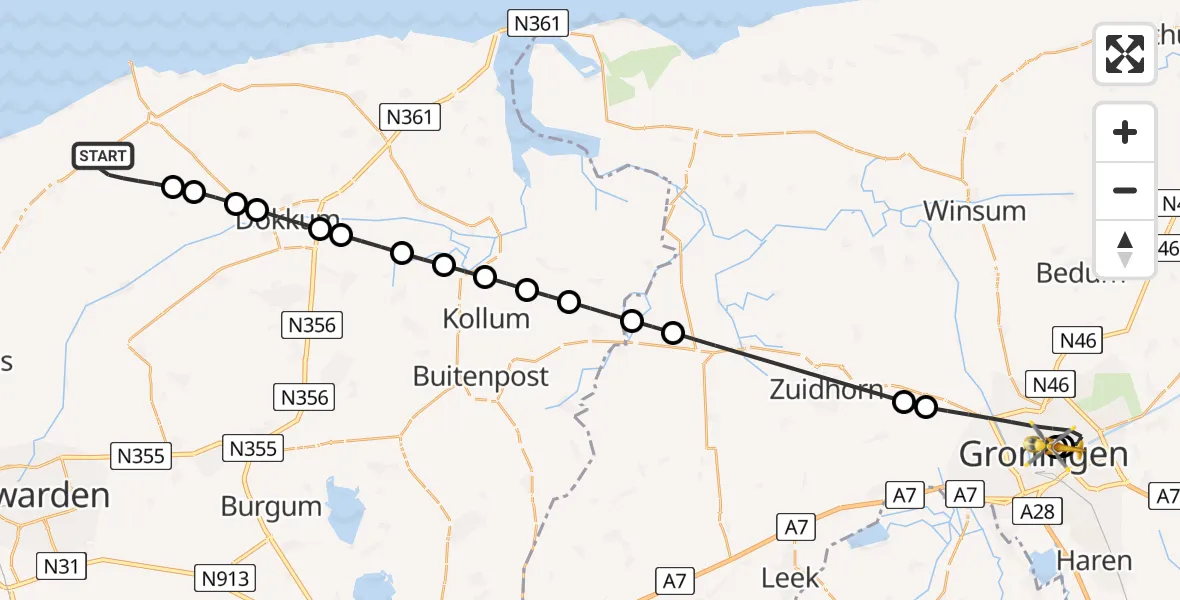 Routekaart van de vlucht: Lifeliner 4 naar Universitair Medisch Centrum Groningen