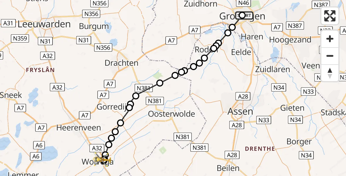Vluchtroute Traumahelikopter van Universitair Medisch Centrum Groningen naar Wolvega