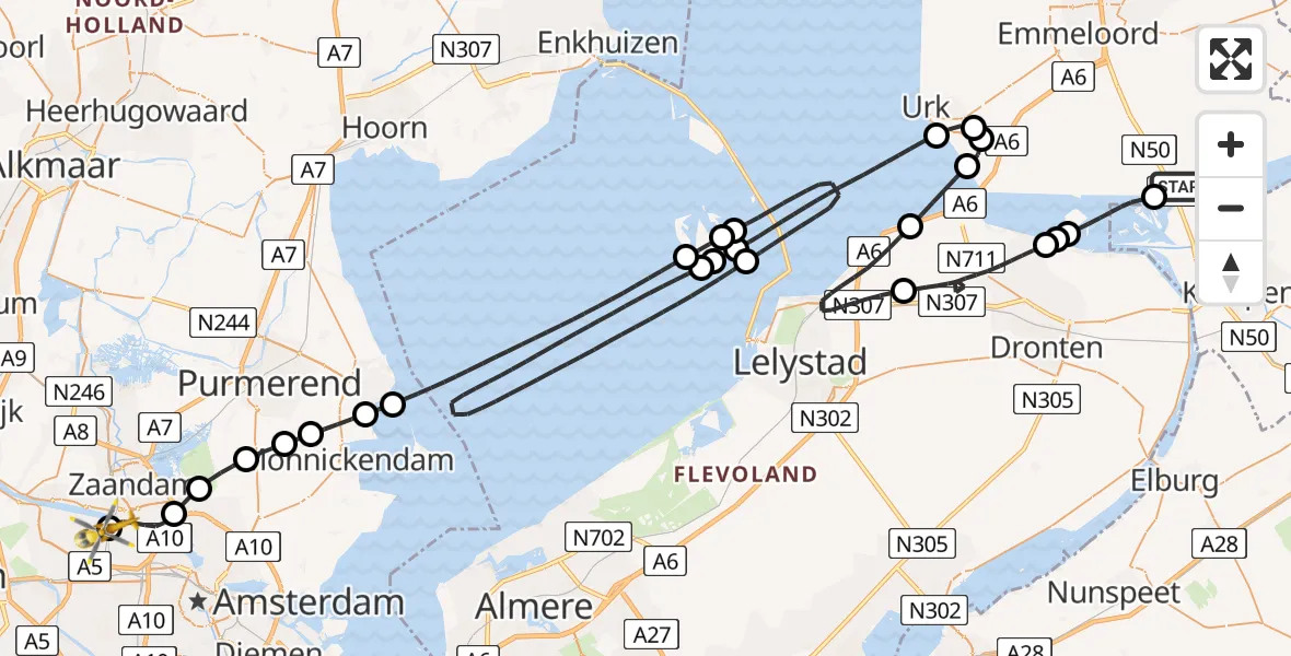 Vluchtroute Traumahelikopter van Ens naar Amsterdam Heliport