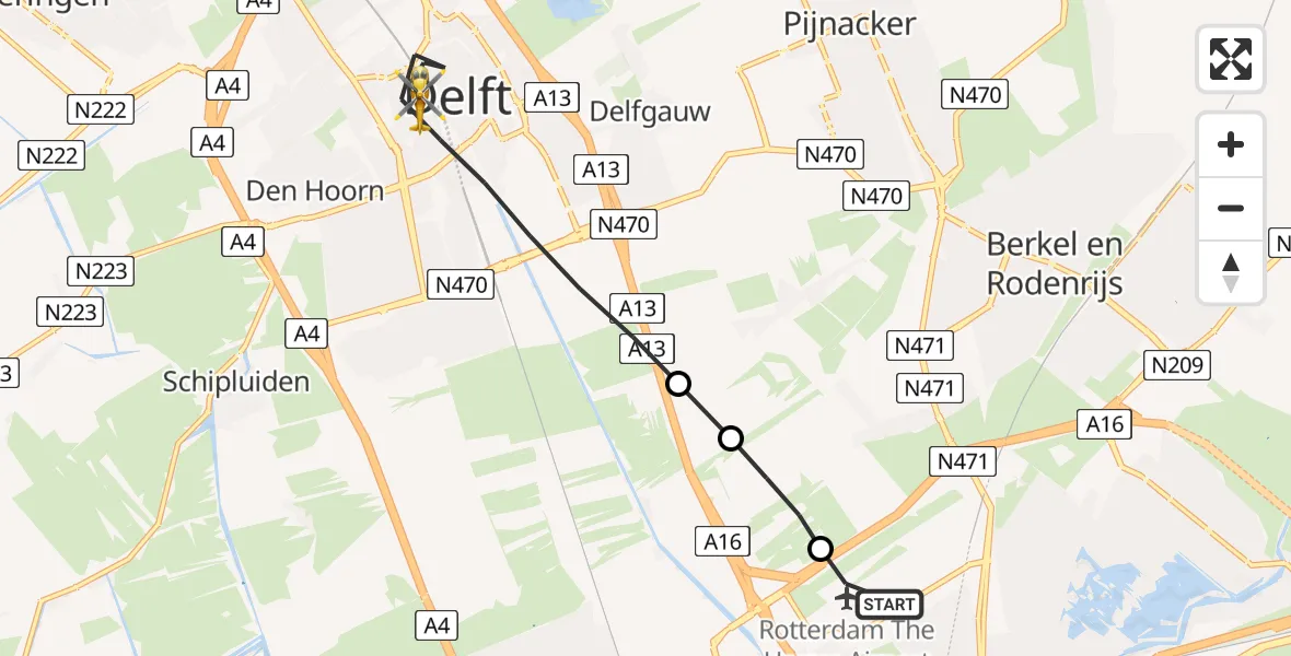 Vluchtroute Traumahelikopter van Rotterdam The Hague Airport naar Delft