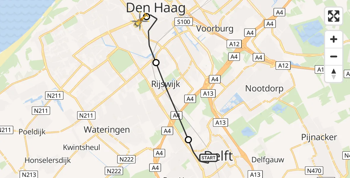 Vluchtroute Traumahelikopter van Delft naar HMC Westeinde Heliport