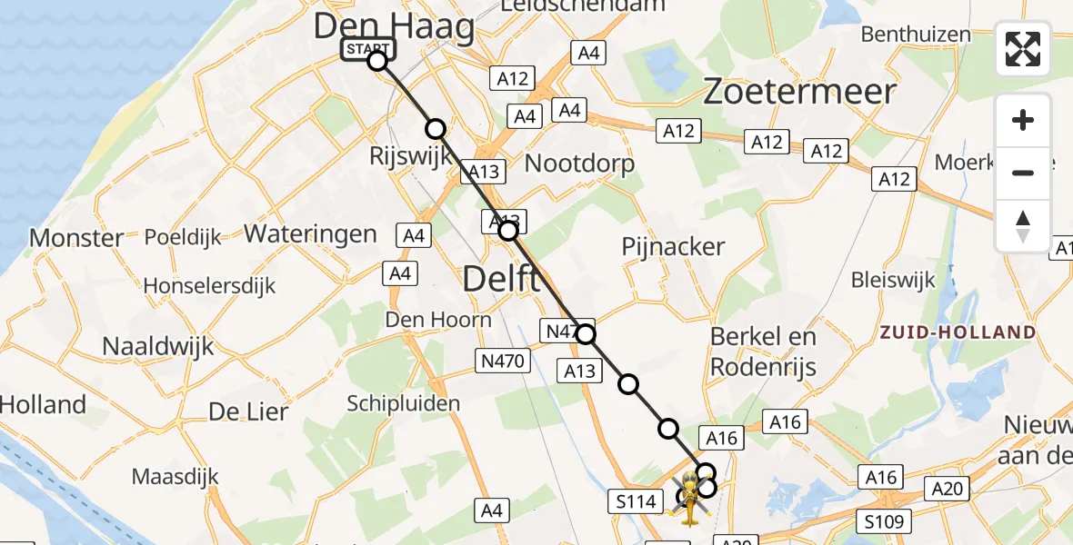 Vluchtroute Traumahelikopter van HMC Westeinde Heliport naar Rotterdam The Hague Airport