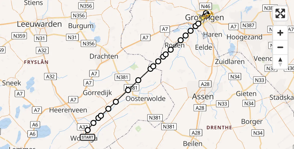 Routekaart van de vlucht: Lifeliner 4 naar Universitair Medisch Centrum Groningen