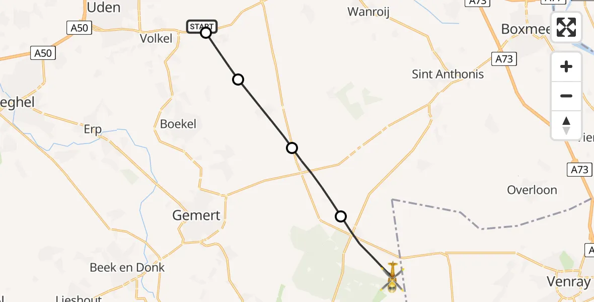 Vluchtroute Traumahelikopter van Vliegbasis Volkel naar De Rips