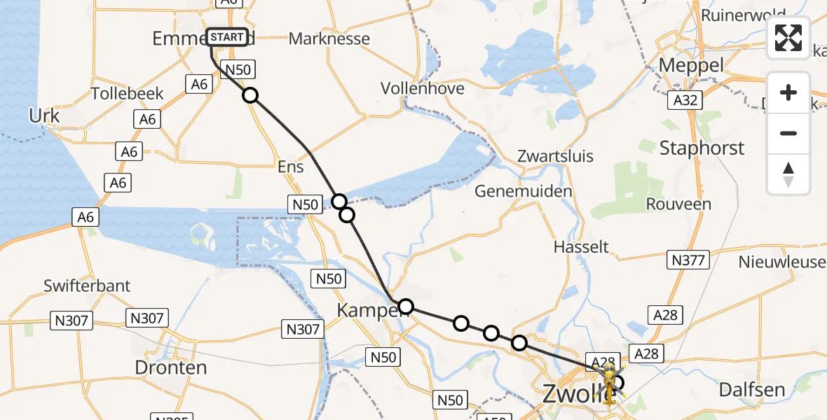 Routekaart van de vlucht: Lifeliner 1 naar Isala Hospital Zwolle Heliport