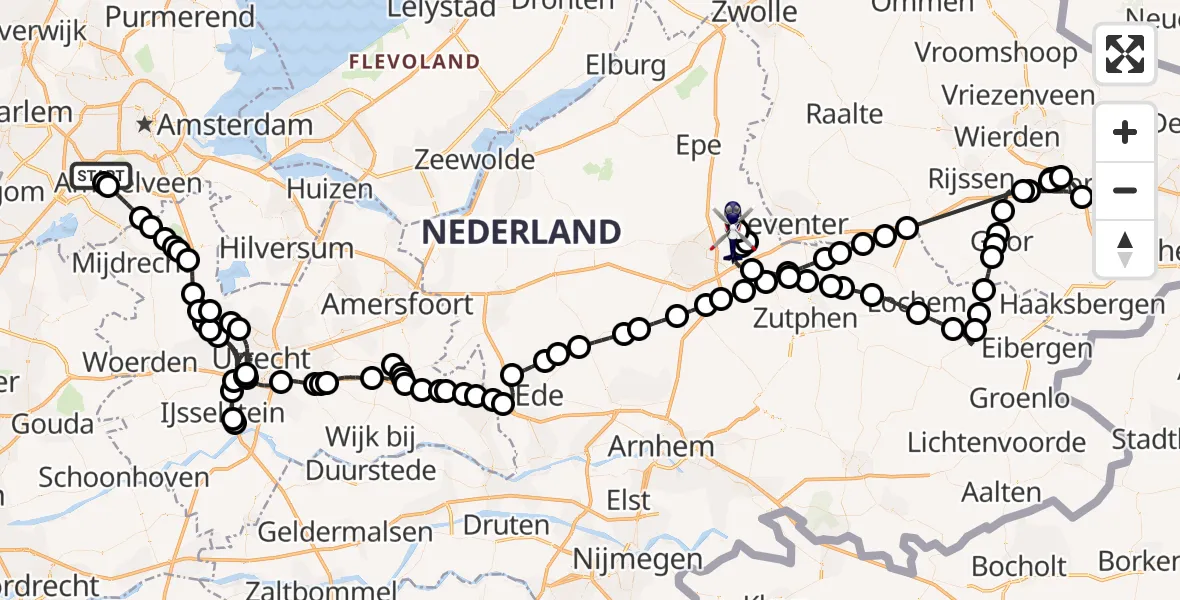 Vluchtroute Politiehelikopter van Amsterdam Vliegveld Schiphol naar Vliegveld Teuge