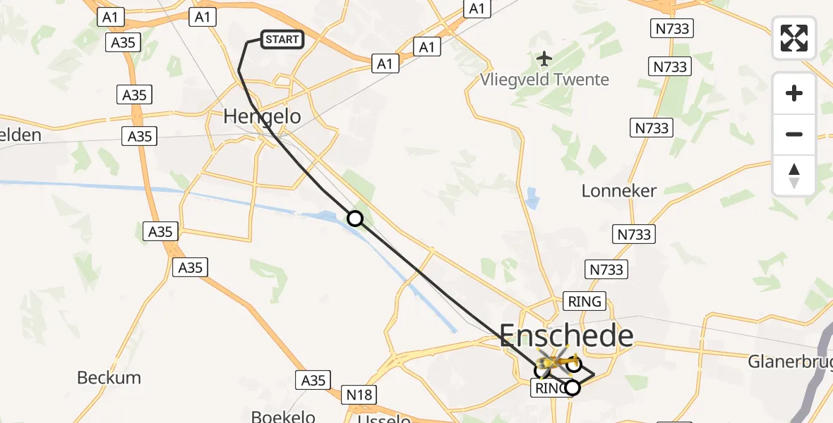 Routekaart van de vlucht: Lifeliner 1 naar Medisch Spectrum Twente Hospital Heliport
