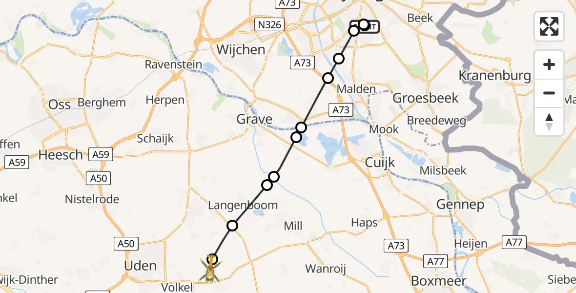 Vluchtroute Traumahelikopter van Radboud Universitair Medisch Centrum naar Vliegbasis Volkel