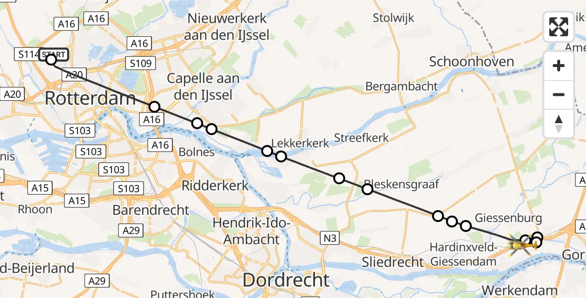 Vluchtroute Traumahelikopter Rotterdam The Hague Airport - Hardinxveld-Giessendam, 04 april 2026, 14:03