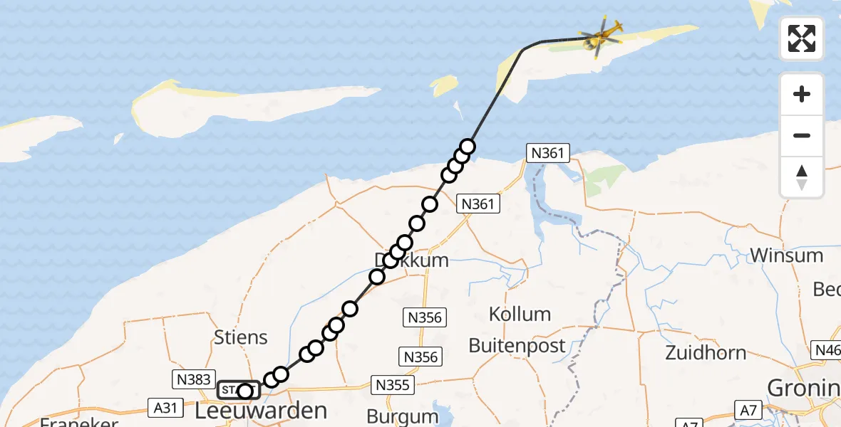 Vluchtroute Ambulancehelikopter van Vliegbasis Leeuwarden naar Noordzee