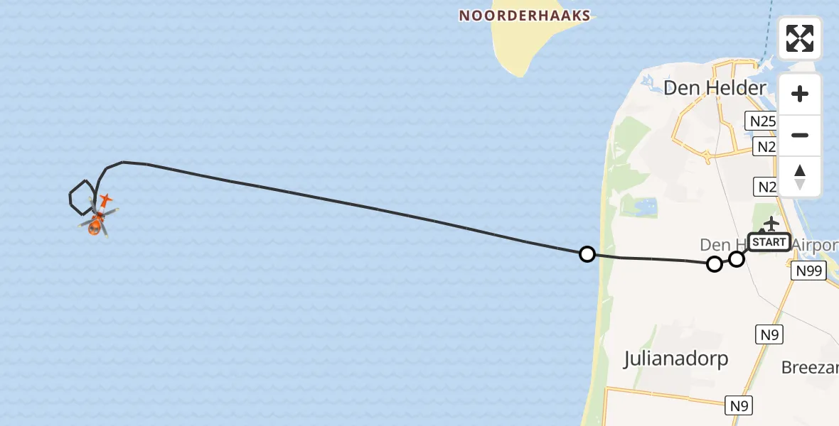 Vluchtroute Kustwachthelikopter van Militair vliegveld De Kooy / Den Helder Airport naar Noordzee