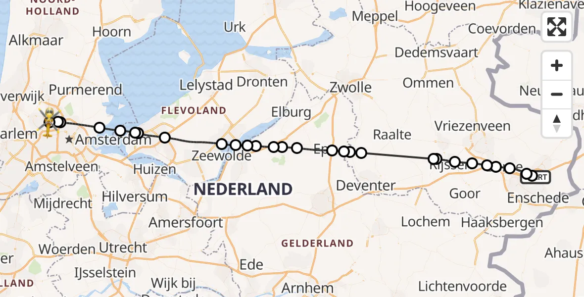 Vluchtroute Traumahelikopter van Twente Airport naar Amsterdam Heliport