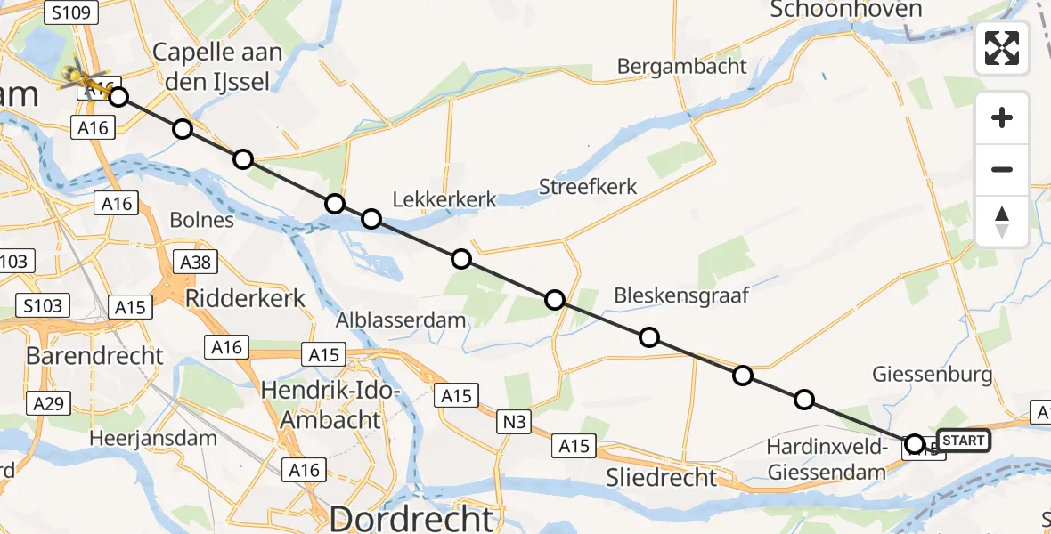Vluchtroute Traumahelikopter Hardinxveld-Giessendam - Rotterdam, 04 april 2026, 14:39