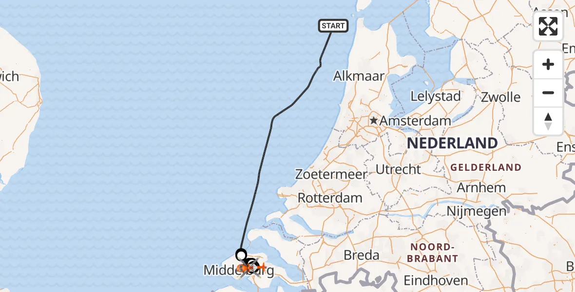 Vluchtroute Kustwachthelikopter van Noordzee naar Vliegveld Midden-Zeeland
