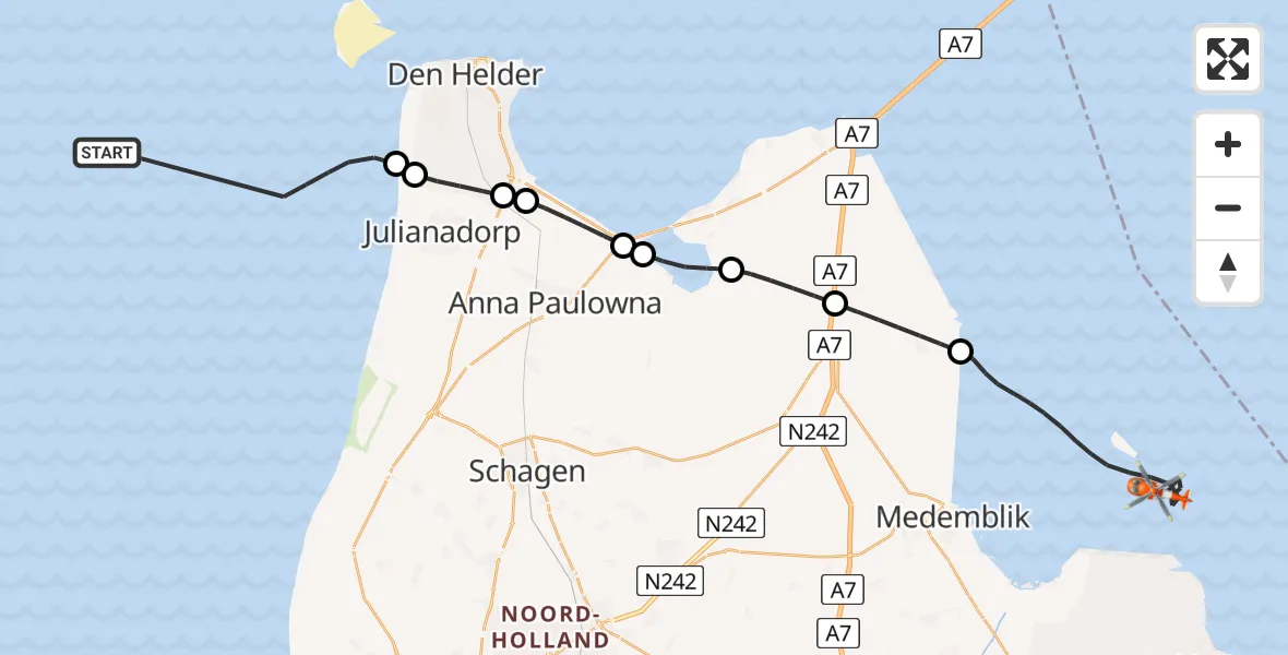 Routekaart van de vlucht: Kustwachthelikopter naar IJsselmeer