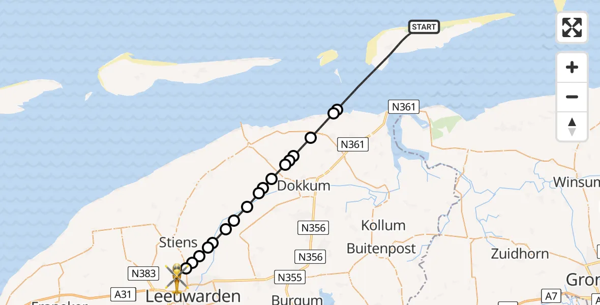 Vluchtroute Ambulancehelikopter van Noordzee naar Vliegbasis Leeuwarden