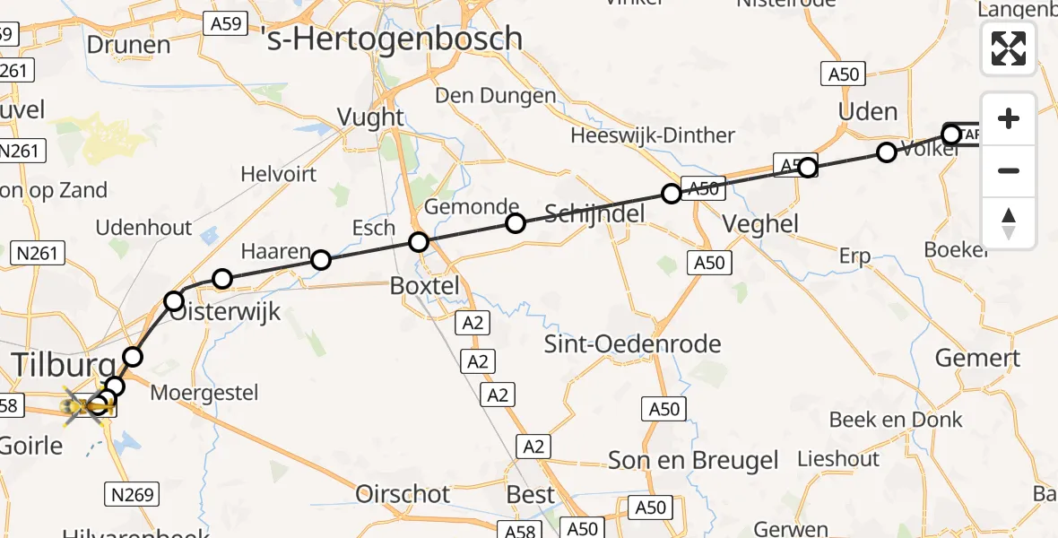 Vluchtroute Traumahelikopter van Vliegbasis Volkel naar St. Elisabeth Hospital Heliport