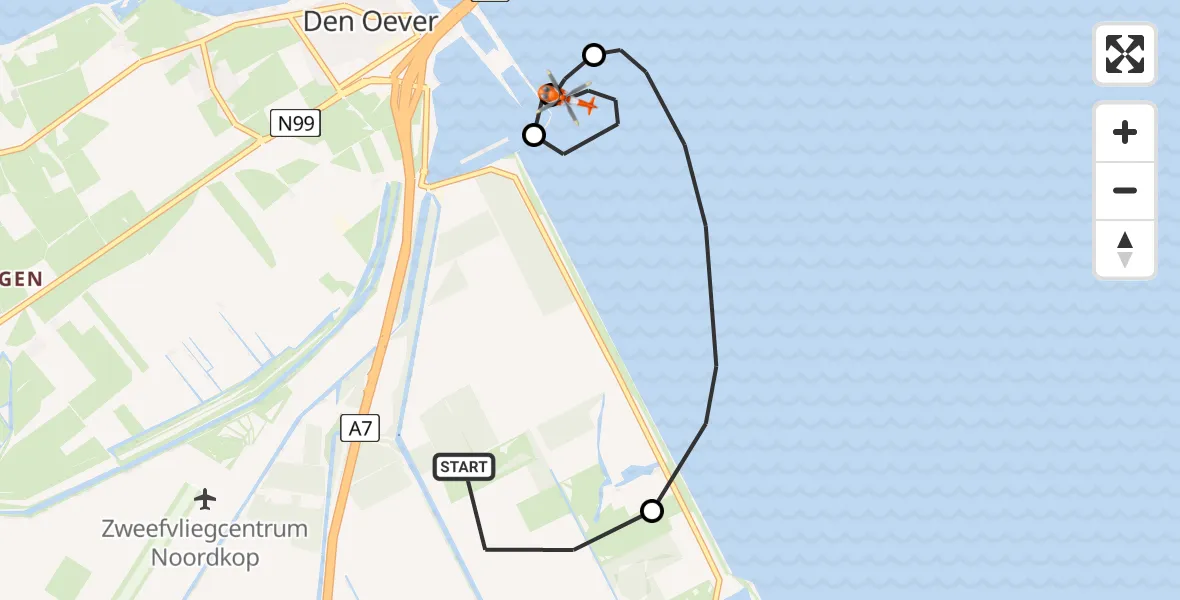 Vluchtroute Kustwachthelikopter van Wieringerwerf naar IJsselmeer