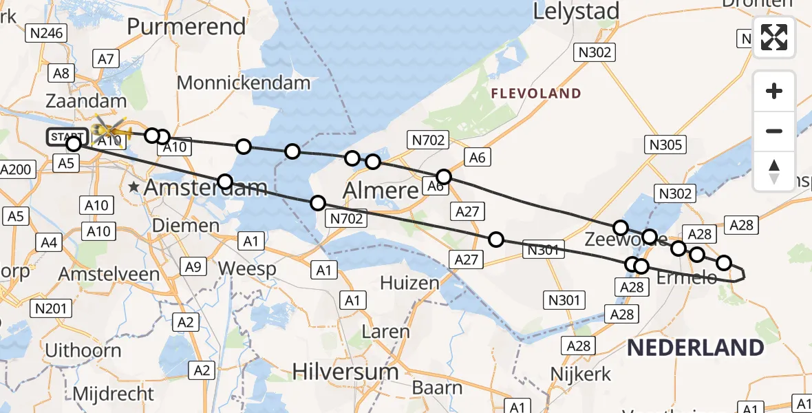 Vluchtroute Traumahelikopter van Amsterdam Heliport naar Amsterdam