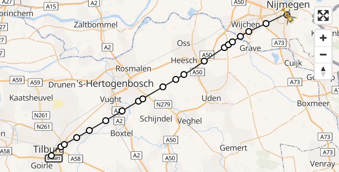 Routekaart van de vlucht: Lifeliner 3 naar Radboud University Medical Center Heliport