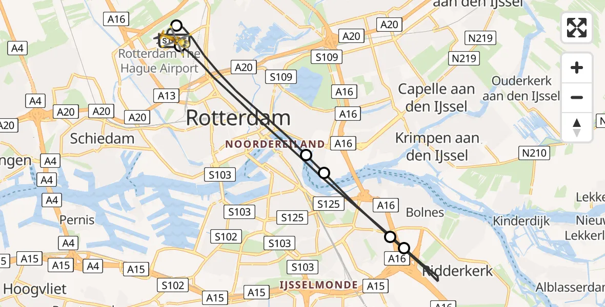 Vluchtroute Traumahelikopter van Rotterdam The Hague Airport naar Rotterdam The Hague Airport