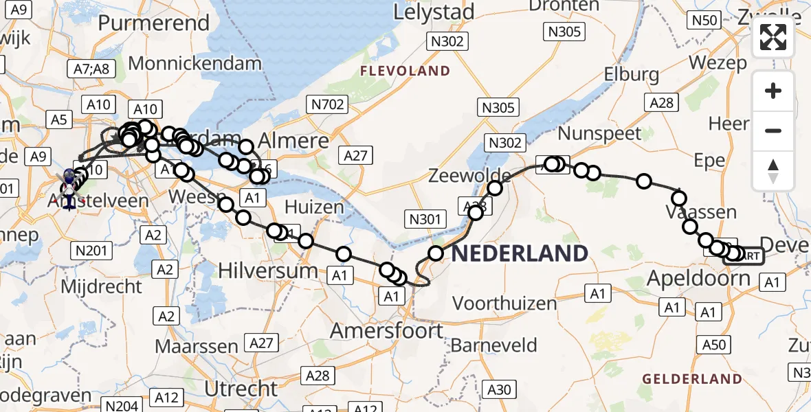 Vluchtroute Politiehelikopter van Vliegveld Teuge naar Amsterdam Vliegveld Schiphol