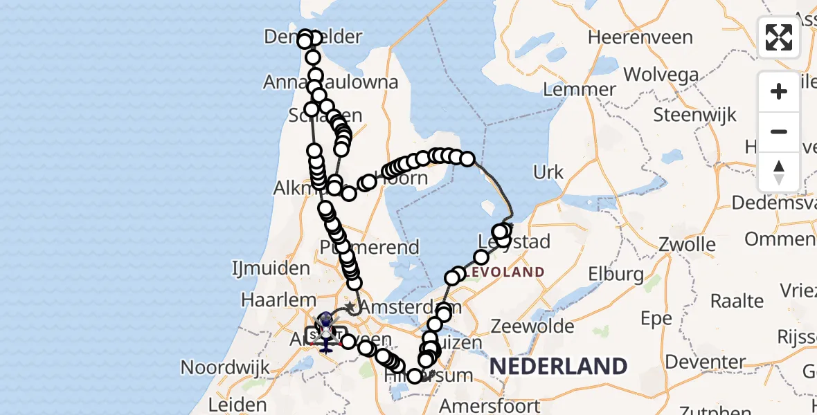 Vluchtroute Politiehelikopter van Amsterdam Vliegveld Schiphol naar Amsterdam Vliegveld Schiphol