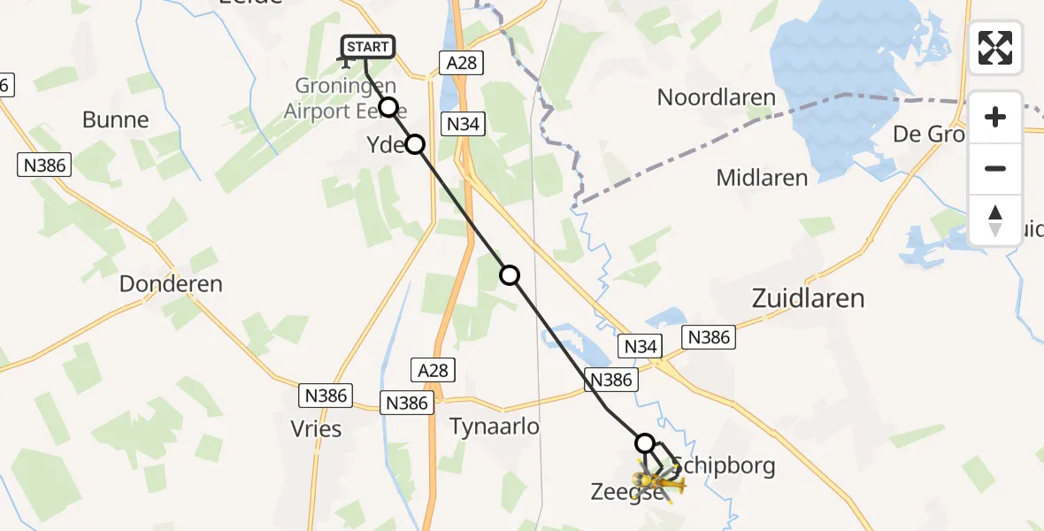 Vluchtroute Traumahelikopter van Groningen Airport Eelde naar Zeegse