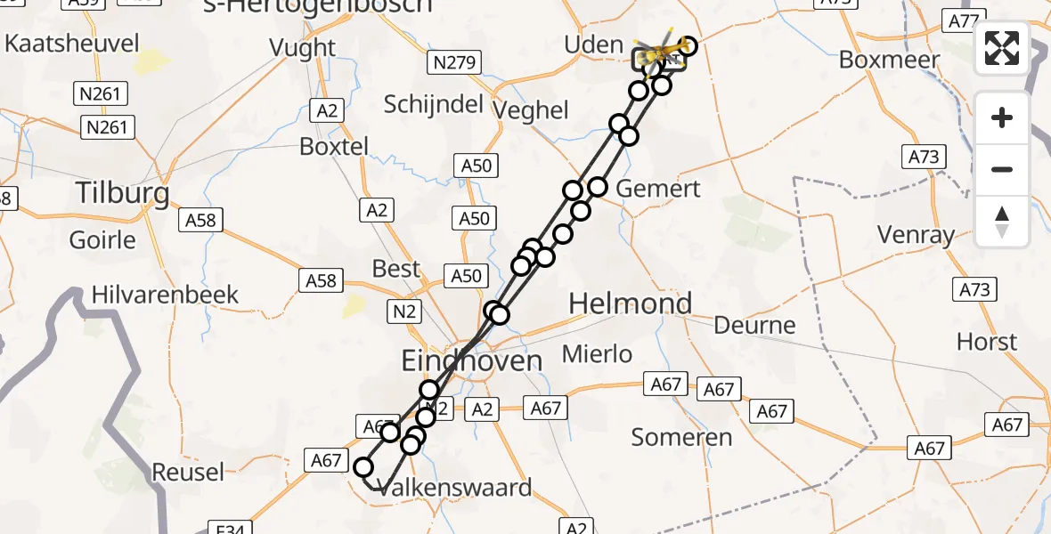 Vluchtroute Traumahelikopter van Vliegbasis Volkel naar Vliegbasis Volkel