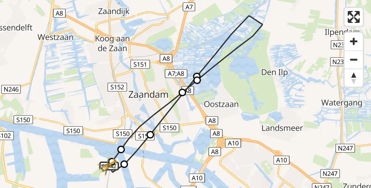 Vluchtroute Traumahelikopter van Amsterdam Heliport naar Amsterdam Heliport