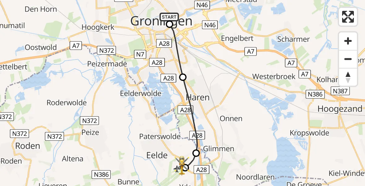 Vluchtroute Traumahelikopter van Universitair Medisch Centrum Groningen naar Groningen Airport Eelde