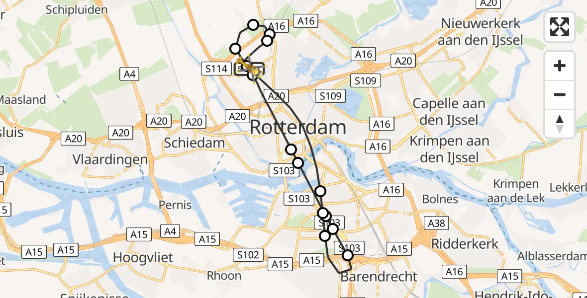 Vluchtroute Traumahelikopter van Rotterdam The Hague Airport naar Rotterdam The Hague Airport