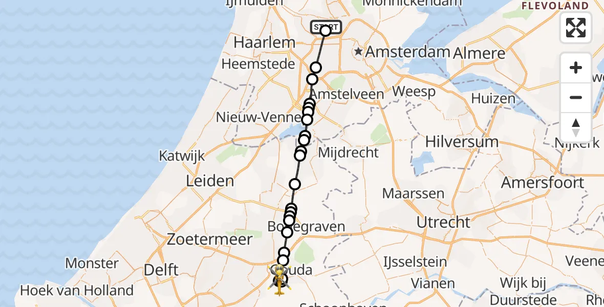 Vluchtroute Traumahelikopter van Amsterdam Heliport naar Moordrecht