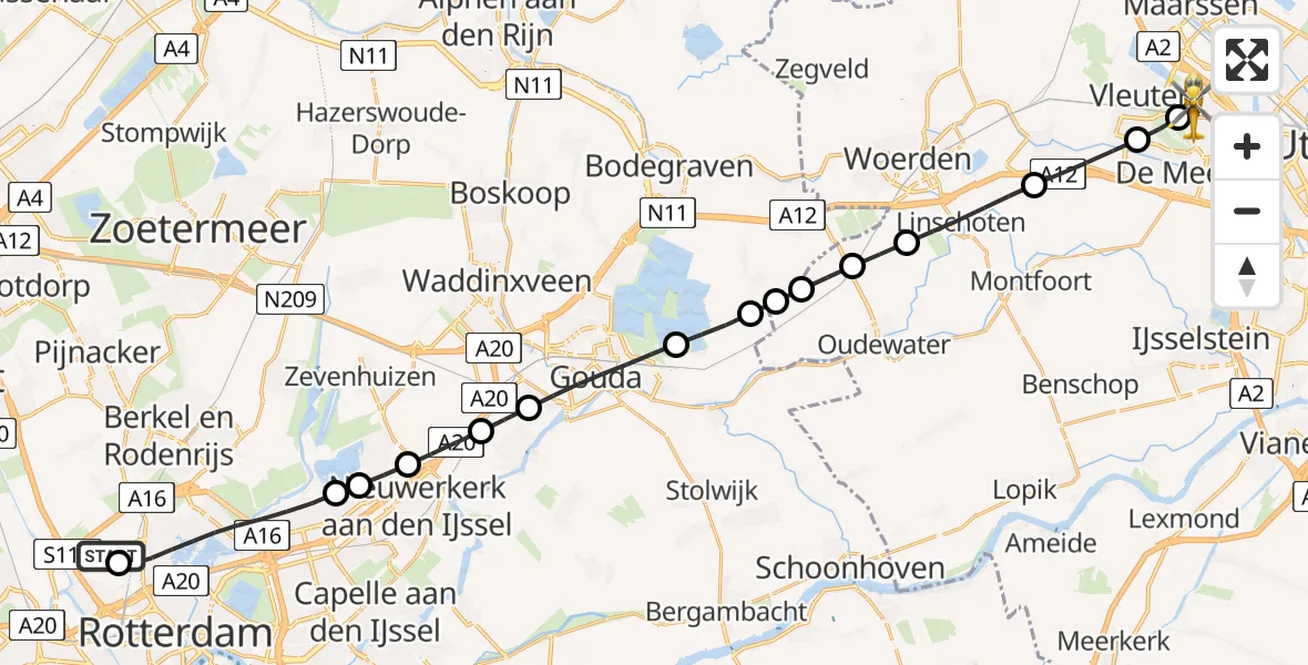 Vluchtroute Traumahelikopter van Rotterdam The Hague Airport naar Utrecht
