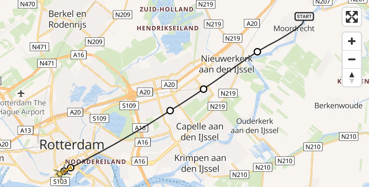 Vluchtroute Traumahelikopter van Moordrecht naar Leids Universitair Medisch Centrum (LUMC)