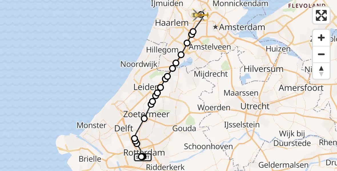 Vluchtroute Traumahelikopter van Leids Universitair Medisch Centrum (LUMC) naar Amsterdam Heliport