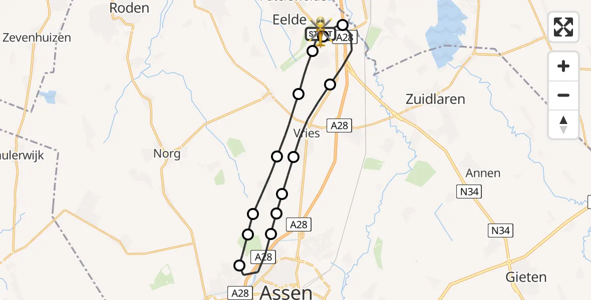 Vluchtroute Traumahelikopter van Groningen Airport Eelde naar Groningen Airport Eelde