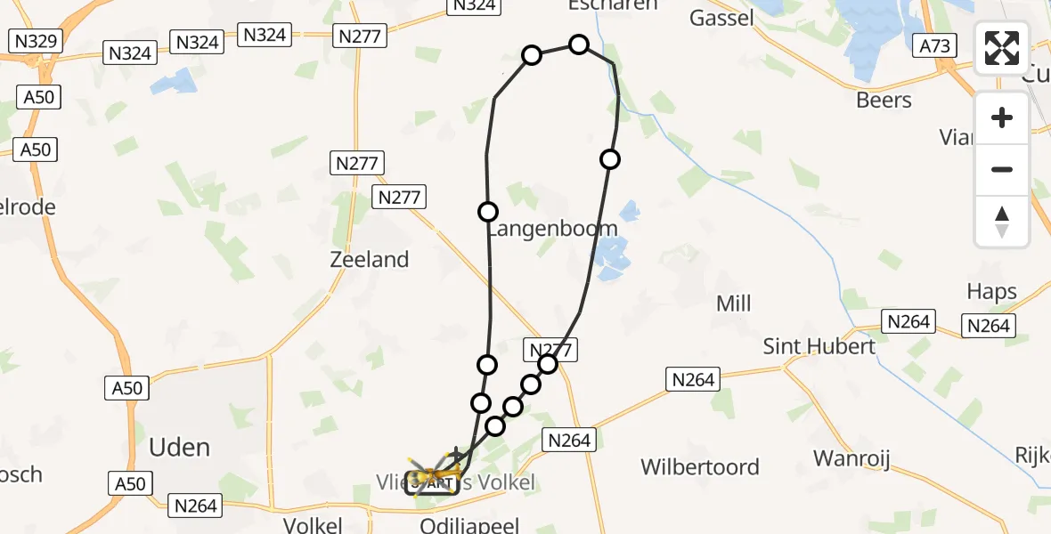 Vluchtroute Traumahelikopter van Vliegbasis Volkel naar Vliegbasis Volkel