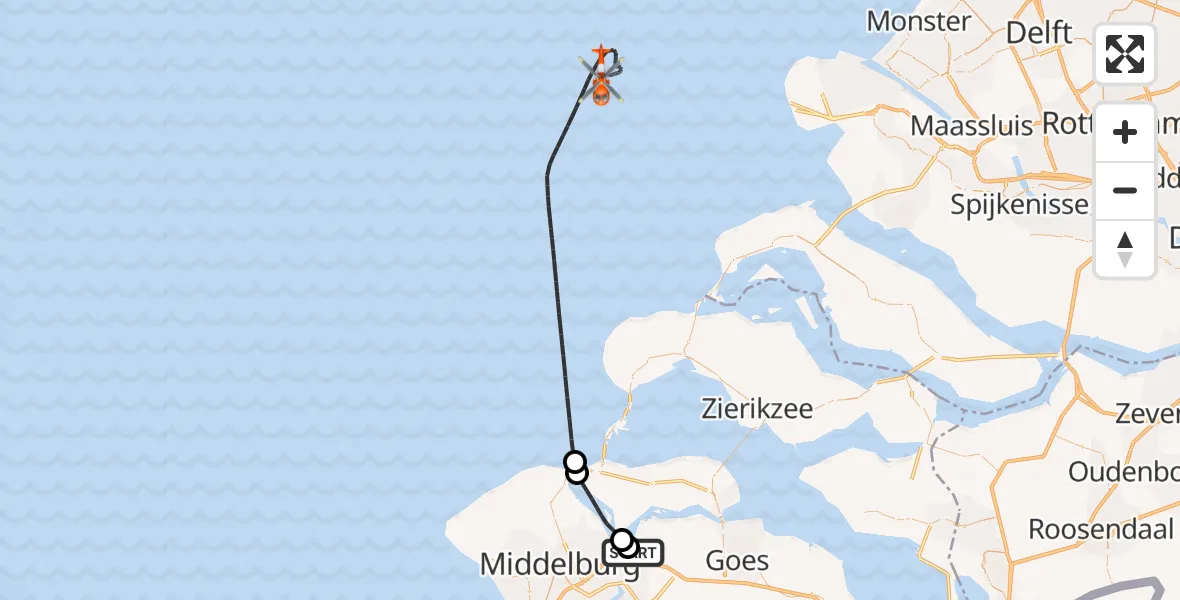 Vluchtroute Kustwachthelikopter van Vliegveld Midden-Zeeland naar Noordzee