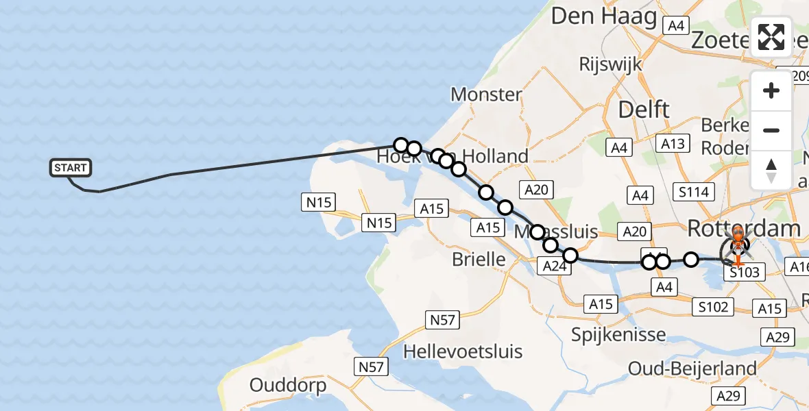 Vluchtroute Kustwachthelikopter van Noordzee naar Leids Universitair Medisch Centrum (LUMC)