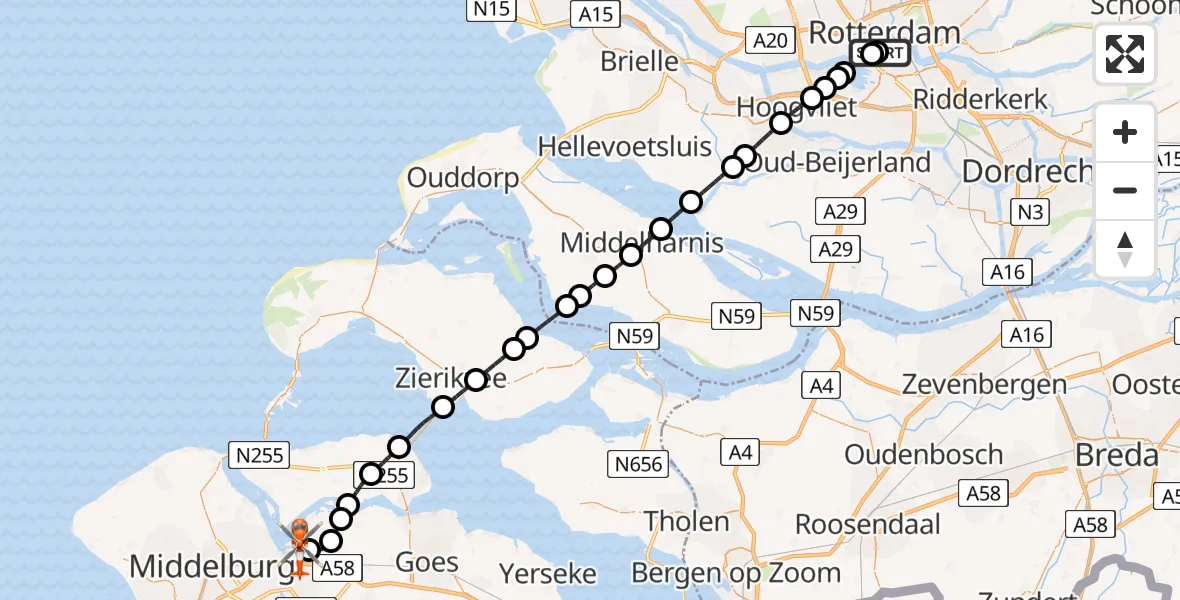 Vluchtroute Kustwachthelikopter van Leids Universitair Medisch Centrum (LUMC) naar Vliegveld Midden-Zeeland