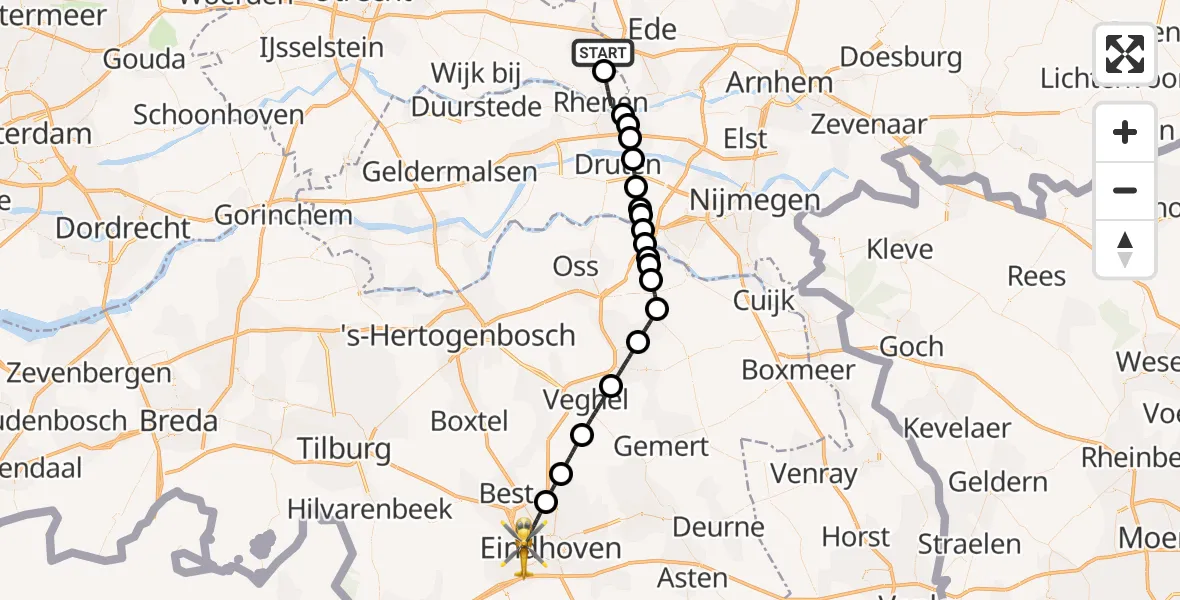 Vluchtroute Traumahelikopter van Veenendaal naar Eindhoven