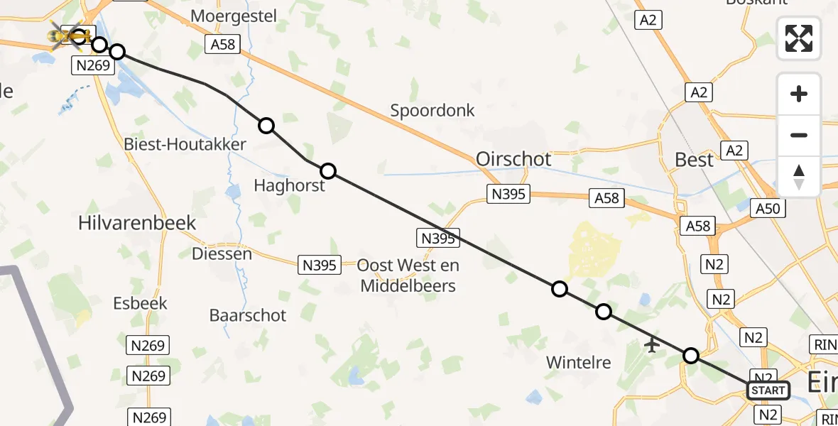 Vluchtroute Traumahelikopter van Eindhoven naar St. Elisabeth Hospital Heliport